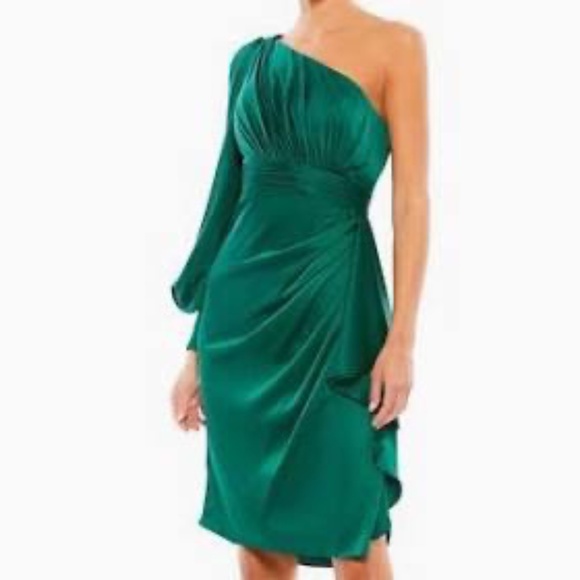 Ieena X Mac Duggal NWT Emerald Satin One Sleeved Cocktail Dress Sz 10 - Picture 2 of 13